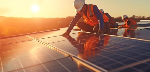 At a solar power facility, two engineers are working to install At a solar power facility, two engineers are working to install solar panels. Generative AI